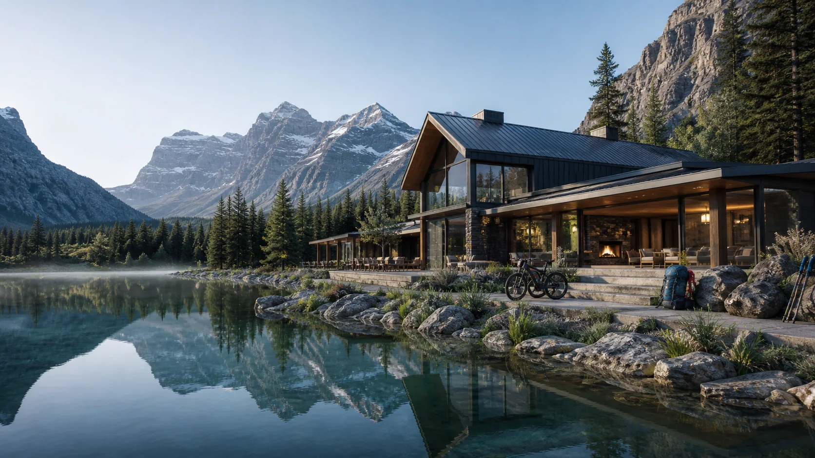 Illustrative lodge concept focused on nature, lake, and active travel experiences